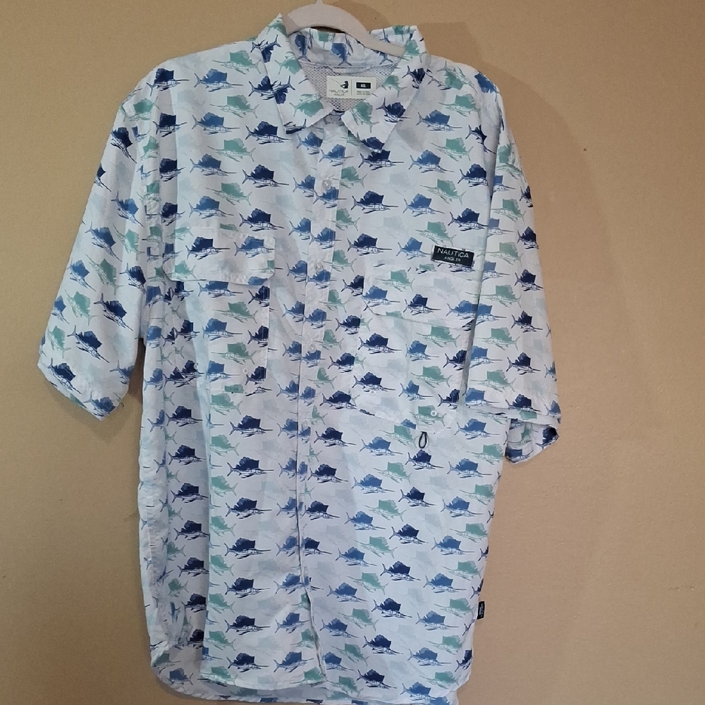 Nautica Angler Men’s Short Sleeve Button-Up Shirt - White Marlin Fish Print XXL